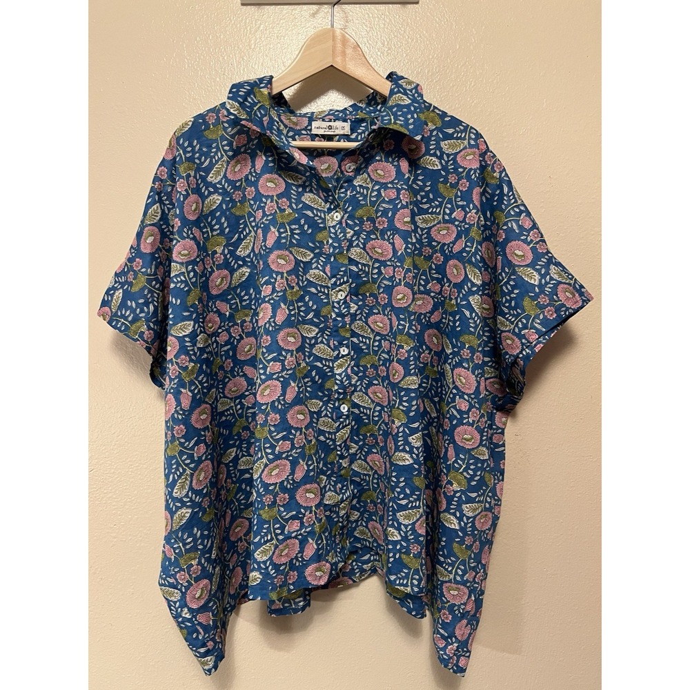 Natural Life Top Shirt Kelly Blue Pink Floral Button Front Boho Cottagecore OSFM